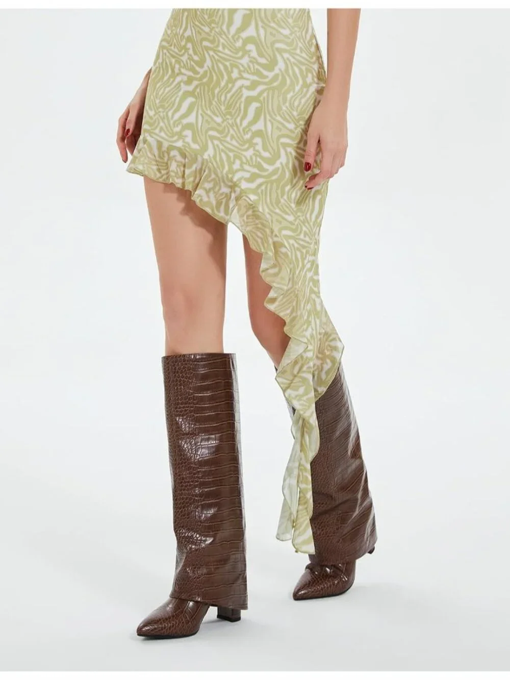 Women's Crocodile Brown Pointed Toe Chunky Heel Faux Leather Over The Knee Boots